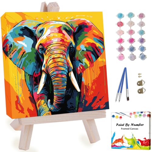Artunion Framed Paint by Numbers Kit for Adults Beginners & Kids Ages 8-12,Colorful Elephant Paint by Number with Frame,Abstract Animal Paint by Numbers Kit on Canvas 10 * 10 Inch Without Easel - color: ZXT-325-F