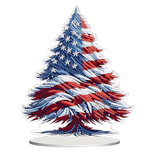DIY Tabletop Diamond Art Kit for Adult – Gem Painting Art Desktop Ornament with Special Shaped Rhinestones, Acrylic Stand-Up Gem Craft for Home Décor & Gift Idea (4Th of July-Tree) - color: 4Th of July-Tree
