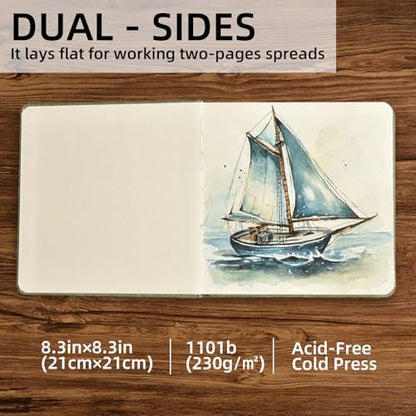SEMLEART Watercolor Journal Sketchbook,8.3 * 8.3",140lb/300GSM Cotton Paper - size: 8.3×8.3in