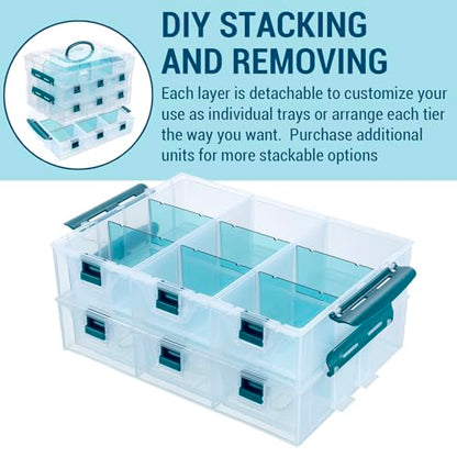 MyGift Single Stackable Tray, Add-on for 11 Inch Clear Arts & Crafts Storage Box with Blue Accents, 9 Compartment Sewing Supplies Organizer 3 Drawers and Removable Dividers - color: Clear& Blue (Add on Tray Only)
