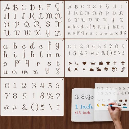 Small Letter Stencils for Painting 0.5 & 1 Inch, 5PCS Reusable Alphabet Symbol Number Stencils for Crafts Art Projects Journaling Scrapbook - color: Cursive-1