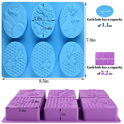 Sakolla 2 Pack 6 Cavity Bee Silicone Soap Molds Rectangle Oval Honeycomb Silicone Molds Loaf Handmade Molds for Soap Making Supplies DIY Wax Melts, Beeswax, Cake Chocolate Bakeware - color: Honeycomb/Purple & Blue