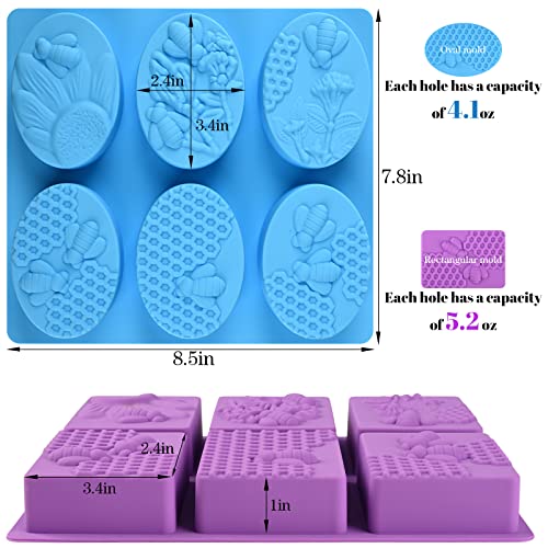 Sakolla 2 Pack 6 Cavity Bee Silicone Soap Molds Rectangle Oval Honeycomb Silicone Molds Loaf Handmade Molds for Soap Making Supplies DIY Wax Melts, Beeswax, Cake Chocolate Bakeware - color: Honeycomb/Purple & Blue