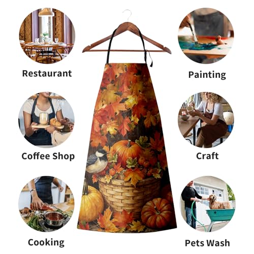 Fall Aprons Thanksgiving Kitchen Apron With 2 Pockets Autumn Harvest Pumpkin Maple Leaves Farmhouse Cooking Apron With Adjustable Neck Strap for Baking Crafting Gardening - color: Fall-harvest Pumpkins