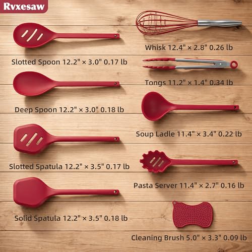Kitchen Utensils Set,9 PCS Silicone Cooking Utensils Set Spatula Set,Cooking Utensils Tool,Tongs,Spoon,Whisk,Brush,Dishwasher Safe Kitchen Gadgets for Non-Stick Cookware,Home Essential(Red) - color: PERSIAN RED