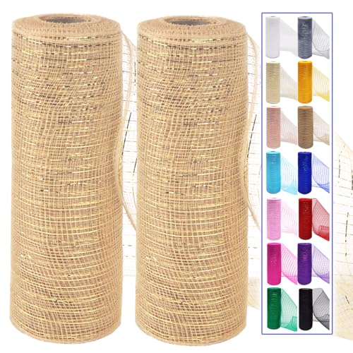 Champagne Mesh Ribbon Rolls 10 Inch 10 Yds, Deco Mesh Fabric for Wreaths | (2 Rolls) 30Ft Each, Decorative Foil Mesh for Christmas Tree Ribbon, Door Decor, DIY Crafts, Halloween, Wedding Party Supplie - color: Champagne Gold