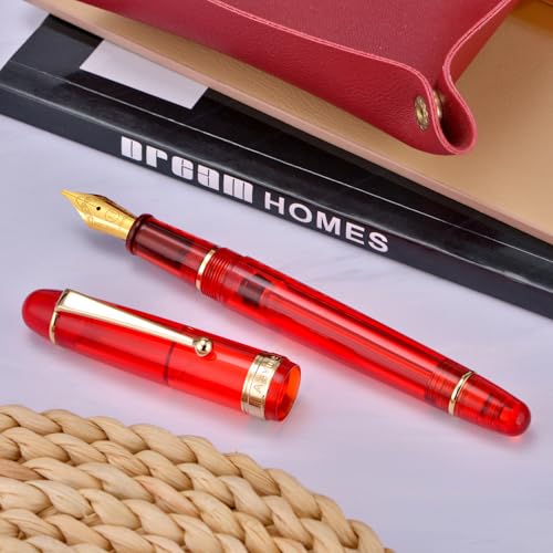 Asvine V126 Vacuum Filling Fountain Pen Transparent Red Acrylic, Medium Nib Large-Capacity with Gift Case - color: Transparent Red, style: Medium Nib