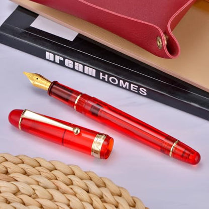 Asvine V126 Vacuum Filling Fountain Pen, Transparent Red Acrylic Stub Nib 1.1mm Calligraphy Art Drawing with Case Set - color: Transparent Red, style: Stub Nib