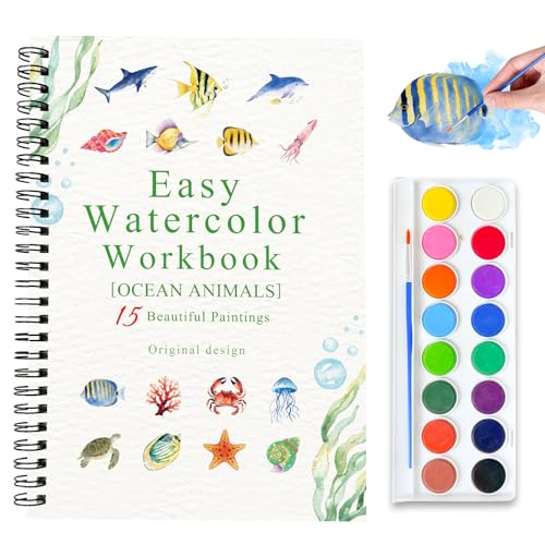 Watercolor Workbooks, 16 Colors Water Color Books Paint Set for Adults, Watercolor Coloring Book for Beginners, Water Color Workbook, 15 Beautiful Paintings for Beginners (Ocean Animals) - color: Ocean Animals, size: with palette