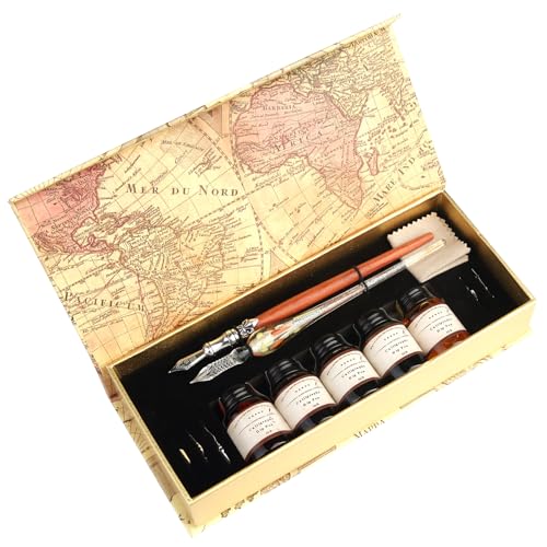 MU-02 Calligraphy Pen Set, Glass Dip Pen and Handcrafted Wooden Dip Pen Gift Set with 5 Colors Calligraphy Ink 6 Nibs, Calligraphy Set for Beginners