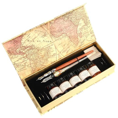 MU-02 Calligraphy Pen Set, Glass Dip Pen and Handcrafted Wooden Dip Pen Gift Set with 5 Colors Calligraphy Ink 6 Nibs, Calligraphy Set for Beginners