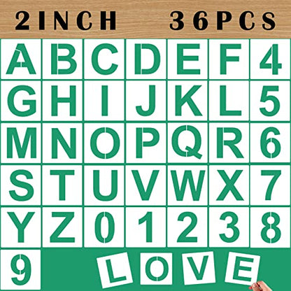 2'' Letter Stencils and Numbers, 36 Pcs Alphabet Art Craft Stencils, Reusable Plastic Number Templates Letter Stencil for Painting on Wood, Wall, Fabric, Rock, Chalkboard, Signage - color: 2 inch