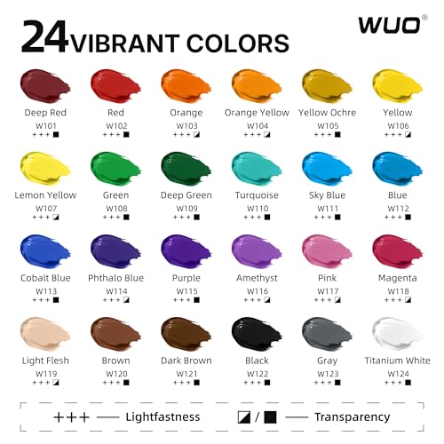 WUO 24 Colors Acrylic Paint Set, 250ml/8.45oz Professional Acrylic Paint | Large Bulk Rich Pigment Non-Toxic Multi-Surface Art Supplies for Artists Beginners Adults on Canvas Wood Rock Ceramic Crafts - color: 24 Colors