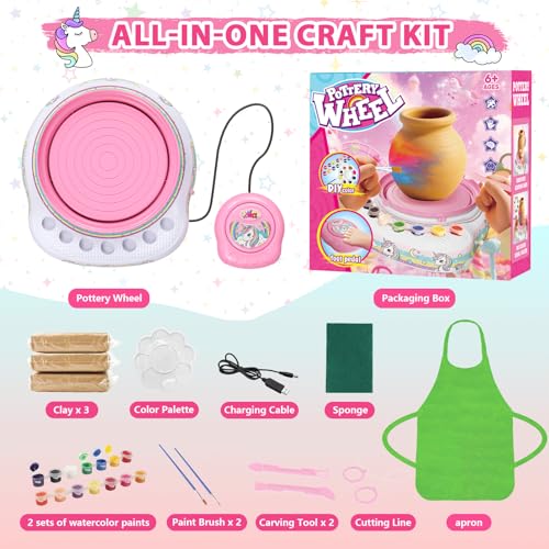 Cmiolacuna Pottery Wheel for Kids, Unicorn Kit with Air-Dry Clay, Ages 8-12 | Beginner pottery kit with air-dry clay, 12 paints, clay tools and apron - no kiln needed, screen-free craft gift ages 8-12 - color: Unicorn