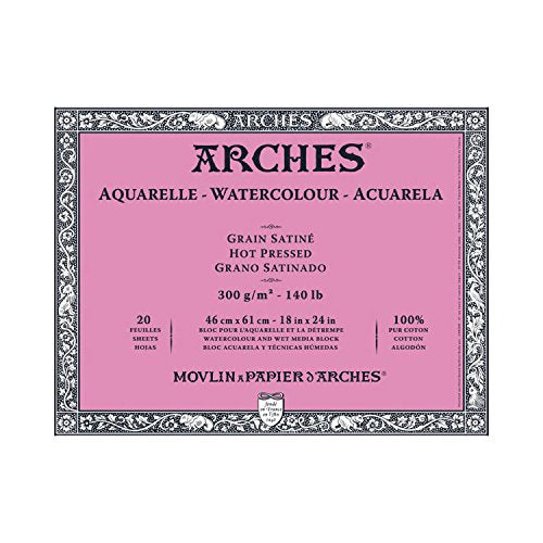 Arches Watercolor Block 18x24-inch Natural White 100% Cotton Paper - 20 Sheets of 140 lb Hot Press Watercolor Paper - Art Paper for Watercolor Gouache Ink Acrylic and More - size: 18"x24", style: Hot Press