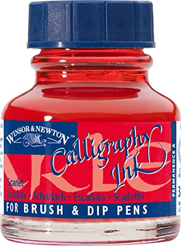 Winsor & Newton Calligraphy Ink, 30ml (1-oz) Bottle, Scarlet | Lightfast Colors, Satin Finish, Thin Inks Suitable for fip-pens, brushes and airbrushes; Opaque Colors for dip-pen or brush - color: Scarlet, size: 1 fl oz