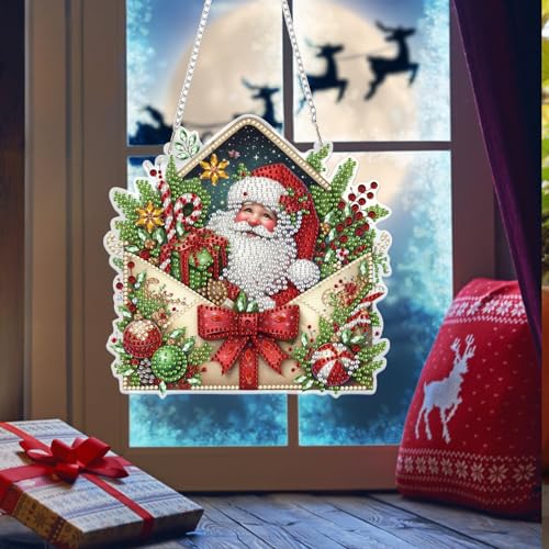 Bowetile Christmas Diamond Art Hanging Kits for Adults, Diamond Art Suncatchers Santa Claus, 5D Special Shape Diamond Painting Pendant Window Ornament Christmas Gifts for Home Door Wall Decor - color: Santa Claus-01