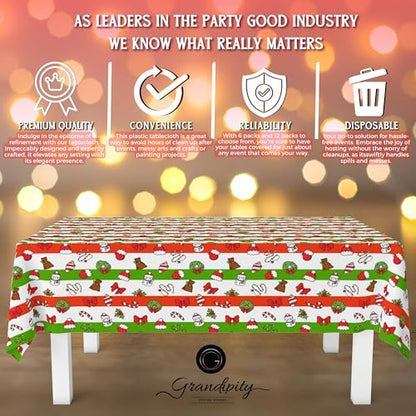 Grandipity Holiday Christmas 12 Pack Premium Disposable Plastic Tablecloth 54 Inch. x 108 Inch. Rectangle Table Cover - color: Christmas, size: 54" x 108" - 12 Pack