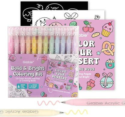 Grabie Acrylic Gel Pens Coloring Kit with Book, Pack of 12 Dessert Colors - color: Dessert Colors