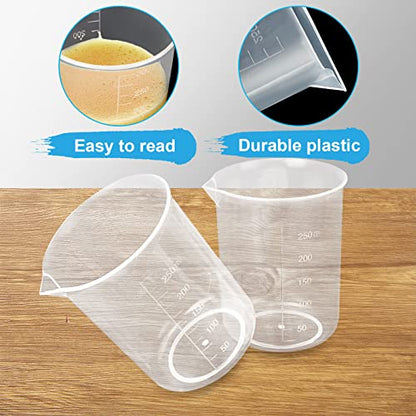 30 Pack 250 ML Plastic Graduated Beakers with Pour Spout | Embossed Scale, Clear Body, and Dripless Spout for Epoxy Resin, Paint, Science Lab, Kitchen Mixing, and Measuring - size: 250ML