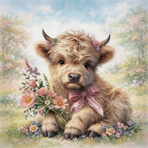 5D Diamond Painting Kits for Adults_beginners，Diamond Art Cow， Diamond Painting Kits Cow Highland Cow with Flowers Full Drill Diamond Art Kit 14x14 Inch - color: FYZZ-152