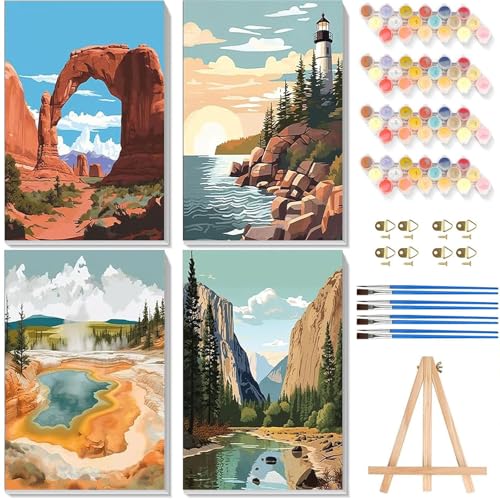 National Park Paint by Numbers for Adults with Framed Canvas - Wooden Easel - color: BKH1300+BKH1301+BKH1302+BKH1303