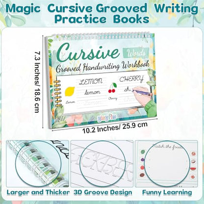 gisgfim Grooved Cursive Handwriting Workbook Magic Reusable Grooved Cursive Handwriting Practice Guided Tracing with Disappearing Ink Pens for Beginners Kids Learning Activities Supplies (Words) - style: Vocabulary