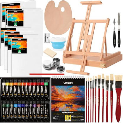 VISWIN Deluxe Oil Paint Set with Beech Wood Easel Box, Advanced Painting Kit with Paint Brush, Canvas, Palette, Oil Cup, Brush Washer, Pencils, Art Supplies, Painting Set for Adult, Artist, Beginners