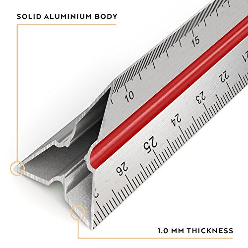 ARTEZA Architectural Scale Ruler – 12-Inch Triangular Ruler, Anodized Aluminum Tool with Laser-Etched Markings for Blueprints & Tech Drawings