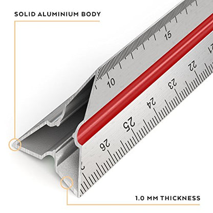 ARTEZA Architectural Scale Ruler – 12-Inch Triangular Ruler, Anodized Aluminum Tool with Laser-Etched Markings for Blueprints & Tech Drawings