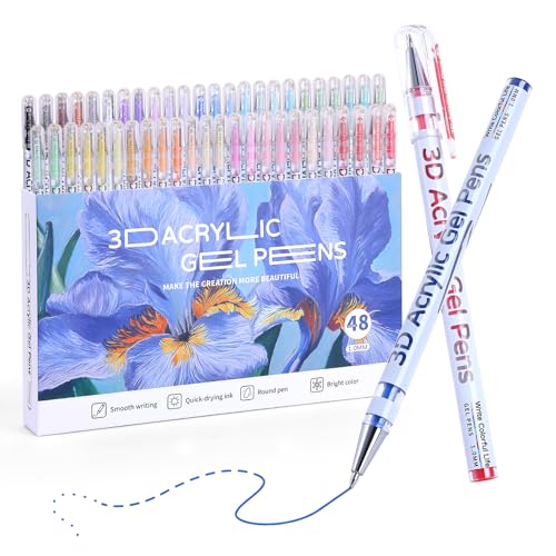 KEMYR 3D Acrylic Gel Pens, 48 Vibrant Colors,1mm Fine Tip Smooth Flow For Dark Black Paper, Bullet Journal, Adults Coloring books, Ideal for Artists Stationery Enthusiasts, Use on Fabric, Sketches - color: 48 colors