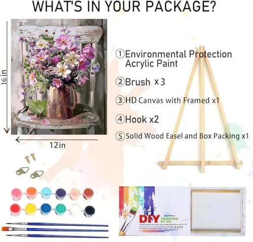 MIRCVSH Paint by Numbers for Adults Framed,Flowers DIY Oil Painting by Numbers on Canvas with Easel,Paint by Numbers Kits with Frame and Color Box Packaging12x16 Inch - color: MT11114-Framed