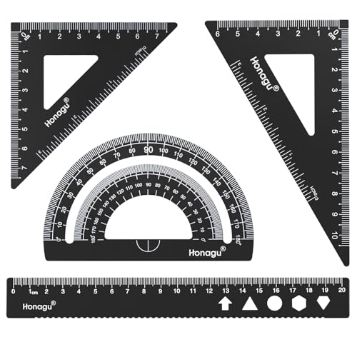Honagu Triangular Ruler Set, 4 Pieces Aluminum Alloy Ruler, Metal Drafting Ruler, Geometric Protractor for Students, Draftsmen, Engineers, Home School Office Supplies (20cm/7.87inches, Black) - color: Black, size: 20cm