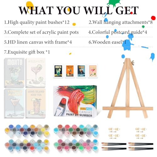 4 Pack Framed Paint by Numbers Kit for Adults Cocktail with Wooden Easel - color: FOP4P-13
