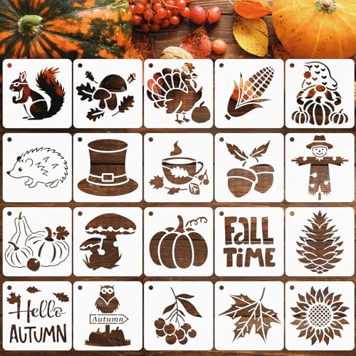 JULMELON 20Pcs Fall Stencils for Painting on Wood Cute Autumn Crafts Kids | Small Reusable Fall Stencils for Drawing, Kids DIY Holiday Art Painting, Cute Thanksgiving Autumn Style Wood Crafts Decor - style: Fall