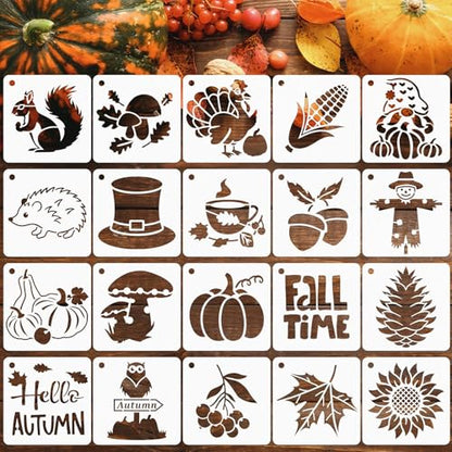 JULMELON 20Pcs Fall Stencils for Painting on Wood Cute Autumn Crafts Kids | Small Reusable Fall Stencils for Drawing, Kids DIY Holiday Art Painting, Cute Thanksgiving Autumn Style Wood Crafts Decor - style: Fall