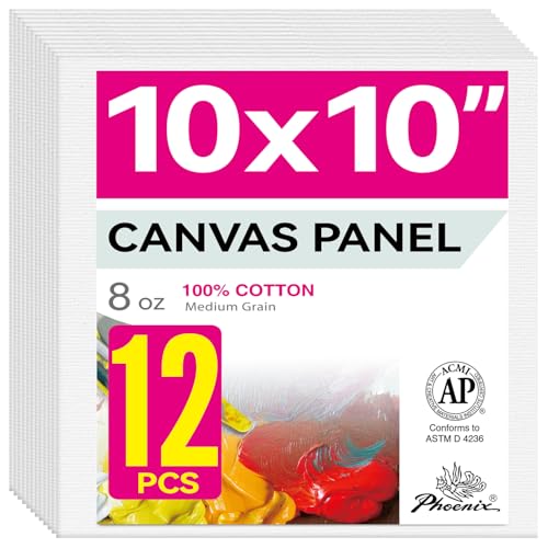 PHOENIX Painting Canvas Panels 10x10 Inch, 12 Value Pack - 8 Oz Triple Primed 100% Cotton Acid Free Square Canvas Boards for Painting, White Blank Flat Canvas Boards for Acrylic, Oil Paints - color: White, size: 10" x 10"