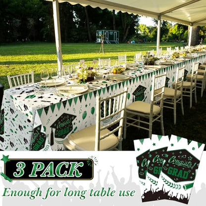 Kinlop 3 Pcs Graduation Tablecloths Class of 2026 Graduation Party Decoration Supplies 51" x 108" Plastic Congrats Grad Table Covers Disposable Graduate Tablecloths(Black, Green) - color: Black, Green