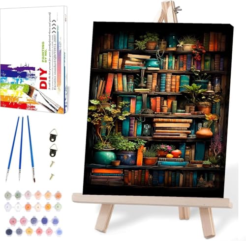 Bookshelf Paint by Numbers for Adults with Framed Canvas-with Wooden Easel,Paint by Numbers Kits Framed Canvas,DIY Acrylic Oil Painting Kits with Brushes Nice Gift Box for Home Wall Decor(12x16 Inch) - color: DKH124