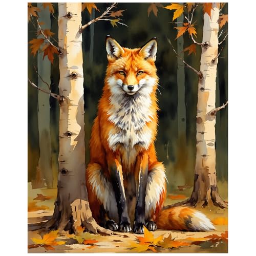 EnLvYY Paint by Numbers Kit for Adults, DIY Acrylic Painting on Canvas, Autumn Forest Fox Animal, Beginner Relaxing Wildlife Wall Art for Living Room or Bedroom Decoration,8X12IN Framed