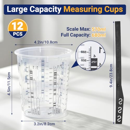 12 Pack 19oz 570ml Clear Plastic Paint Mixing Cups with 12 Stir Sticks - Disposable Graduated Measuring Cups for Paint, Resin & Epoxy with ML Scale & 3-Column Ratios (1:1-7:1) for DIY Crafts - size: 19oz / 570ml