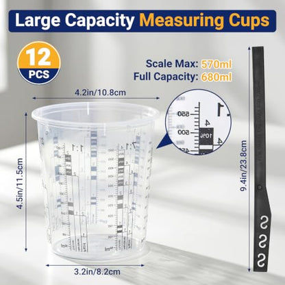 12 Pack 19oz 570ml Clear Plastic Paint Mixing Cups with 12 Stir Sticks - Disposable Graduated Measuring Cups for Paint, Resin & Epoxy with ML Scale & 3-Column Ratios (1:1-7:1) for DIY Crafts - size: 19oz / 570ml