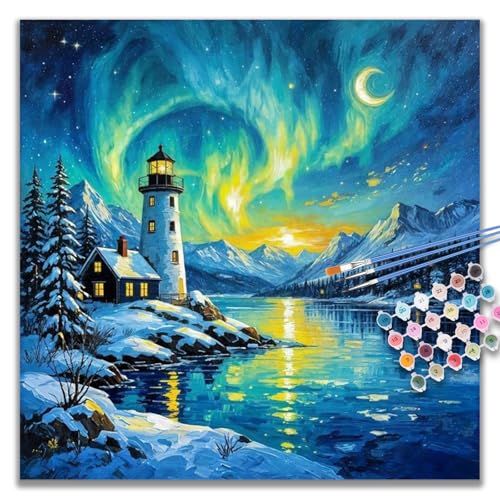 Kalonyth Aurora Paint by Numbers Kit for Adults, 16x16 inch, No Framed | Lighthouse Adult Paint by Number Kits on Canvas, DIY Acrylic Painting, Stress Relief Craft Kits, Home Wall Decor Gift - color: OP-US02