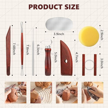 8PCS Stained Wooden Pottery Sculpting Tools, Wood Clay Cleaning Tool Set, Ceramic Modeling Tool for Carving, Molding, Cutting, Trimming, Pottery Wheel, Crafting, Beginners, Adults, Students - color: Stained Wood