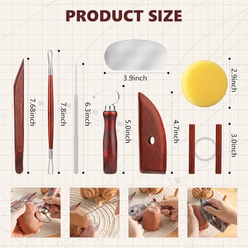 8PCS Stained Wooden Pottery Sculpting Tools, Wood Clay Cleaning Tool Set, Ceramic Modeling Tool for Carving, Molding, Cutting, Trimming, Pottery Wheel, Crafting, Beginners, Adults, Students - color: Stained Wood