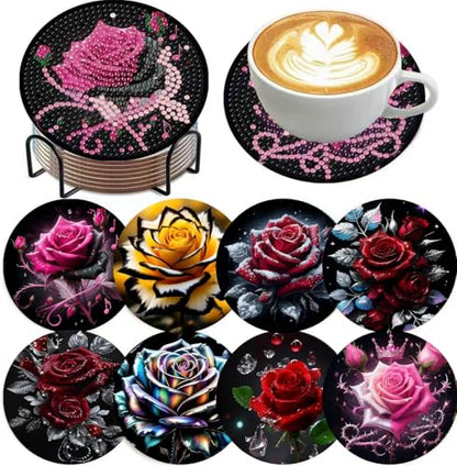 Mrnsiet 8PCS Diamond Art Coasters with Holder, DIY Flowers Diamond Painting Coasters Kits for Adults, Non Slip Rose Florwers Mosaic Dot Painting Coaster Gift Set for Beginners 4x4 Inch - color: BDWY310-US