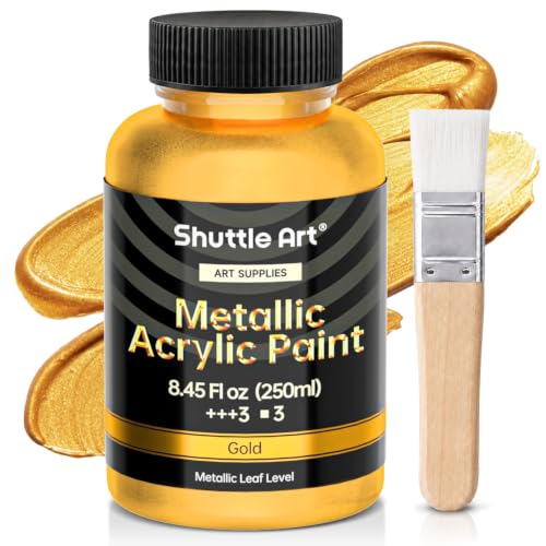 Shuttle Art Metallic Gold Acrylic Paint, 8.45 oz(250 ml) Gold Leaf Paint With Brush, Non Toxic, Non Fading Gold Paint for Crafts, Metal, Wood, Clay, Ceramic, Canvas, Furniture - color: Gold, size: 8.45 Fl Oz (Pack of 1)