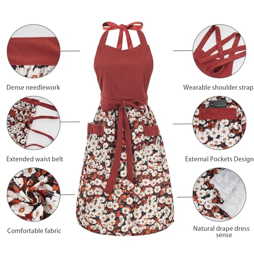 Cute Floral Apron for Women with Pockets, Cotton, Adjustable Straps - color: Burgundy