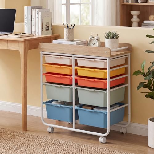 BECOMFORT 10-Drawers Rolling Utility Cart, Storage Cart on Wheels, Teacher Classroom Organizers with Wooden Tabletop & Lockable Wheels, Mobile Trolley Craft Cart for Art Paper Tools School Office - color: Macaron, size: 10 Drawers (4 Big +6 Small)