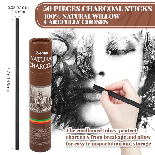 Gueevin 50 Pcs Soft Willow Charcoal Sticks Drawing,2-4mm | For Artists Beginners Students, Vine Charcoal Bulk for Sketching Shading Fine Art, Assorted Sizes, Back to School Gifts - size: 2-4mm